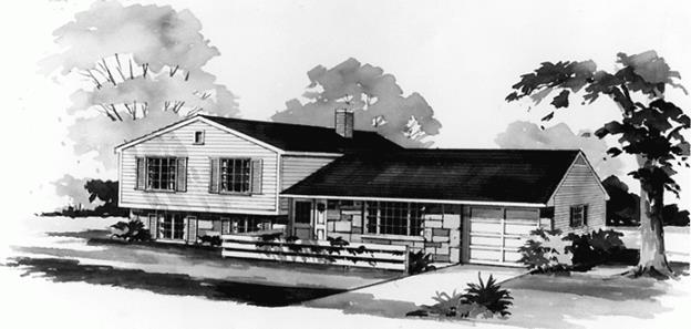 Illustration of a suburban tri-level home on a residential lot