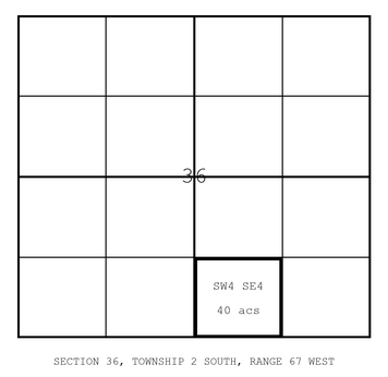 Diagram of Section 36, Township 2 South, Range 67 West divided into sixteen quarter-quarter sections, with the 40-acre Southwest quarter of the Southeast quarter outlined in bold