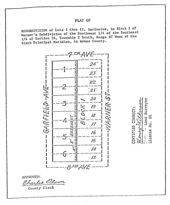 Plat map of the resubdivision of Lots 1 through 12 in Block 1