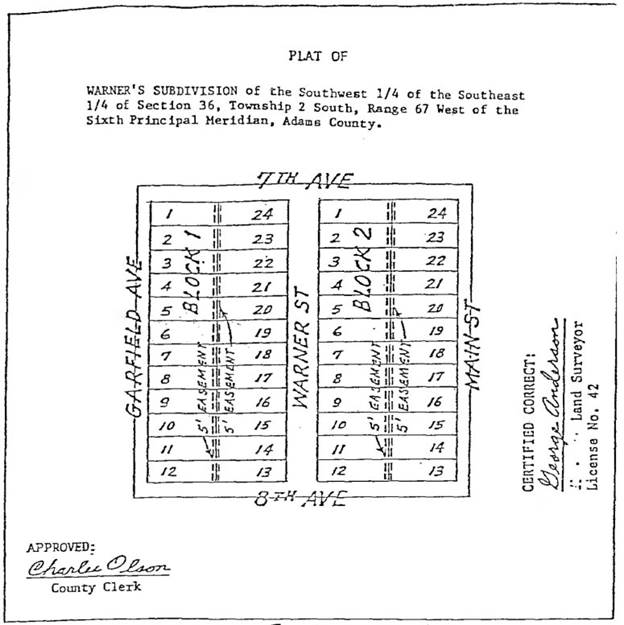 Plat map of Warner's Subdivision showing numbered lots and blocks